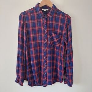 Beach Lunch Lounge Plaid Flannel Button Front Shirt, M